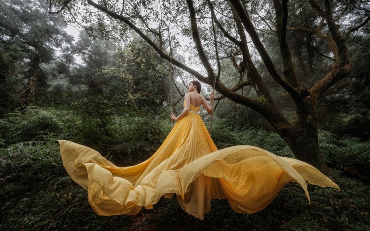лес, девушка, желтое платье, forest, girl, yellow dress
