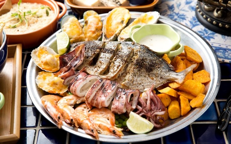 лайм, рыба, морепродукты, креветки, мидии, кальмары, батат, lime, fish, seafood, shrimp, mussels, squid, sweet potato