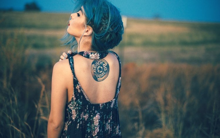 тату, спина, татуировка, девушка. синие волосы, tattoo, back, girl. blue hair