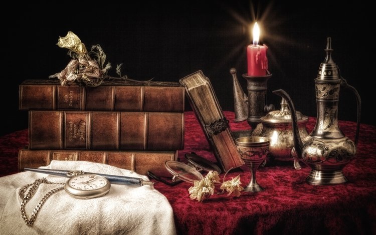 книги, часы, посуда, свеча, натюрморт, books, watch, dishes, candle, still life