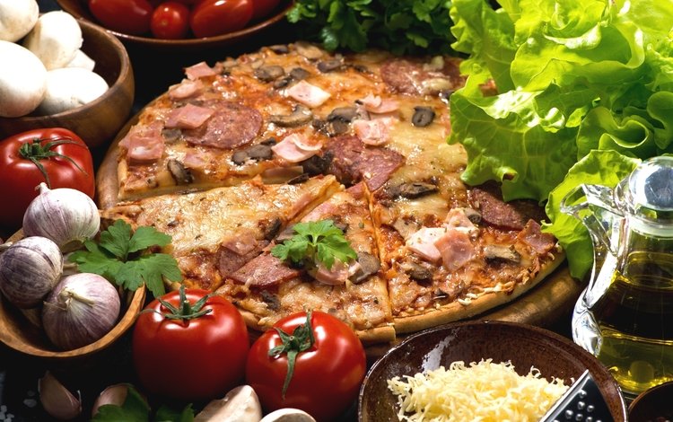 грибы, сыр, масло, помидоры, пицца, салат, чеснок, ветчина, mushrooms, cheese, oil, tomatoes, pizza, salad, garlic, ham