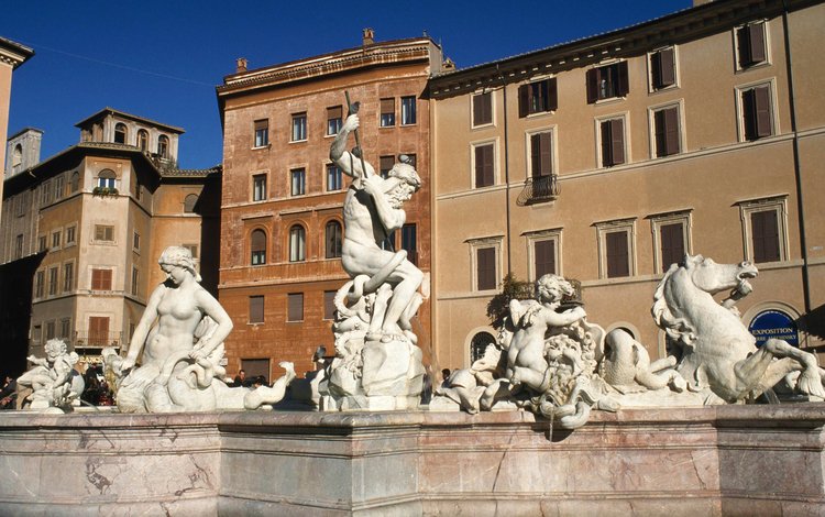 дома, фонтан, италия, рим, пьяцца навона, home, fountain, italy, rome, piazza navona