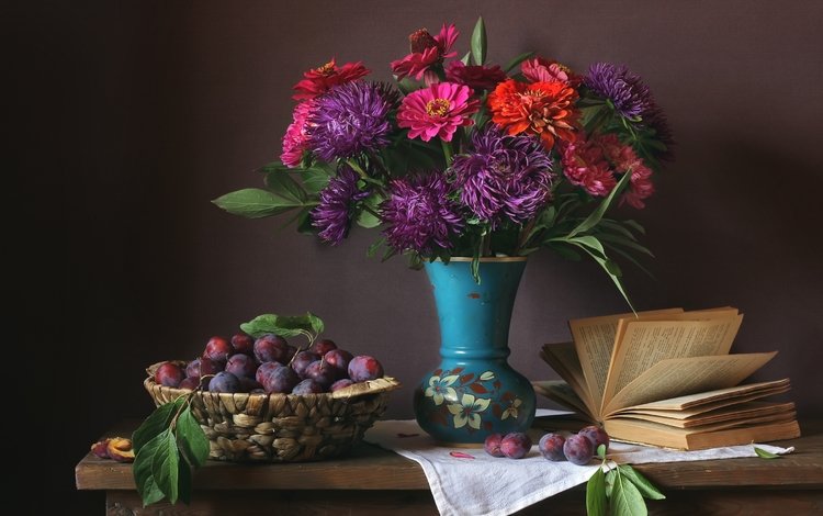 букет, ваза, книга, сливы, астры, цинния, bouquet, vase, book, plum, asters, zinnia