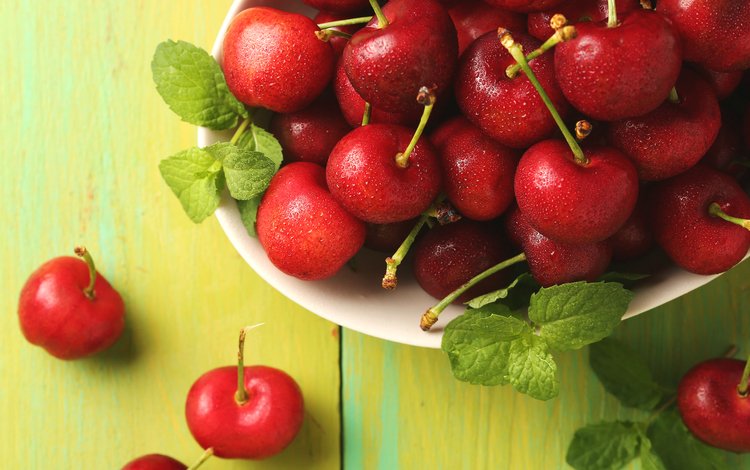 мята, красные, ягоды, вишни, mint, red, berries, cherry