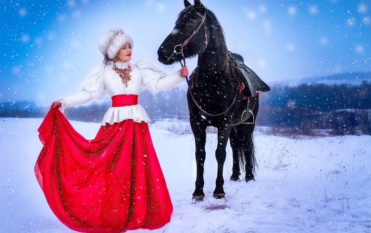 лошадь, зима, девушка, шапка, наряд, меха, horse, winter, girl, hat, outfit, fur