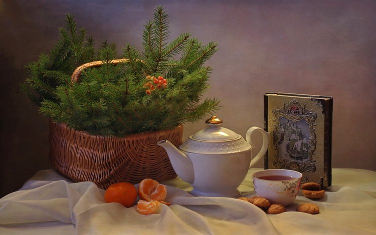 елка, настроение, корзина, чай, печенье, мандарины, tree, mood, basket, tea, cookies, tangerines