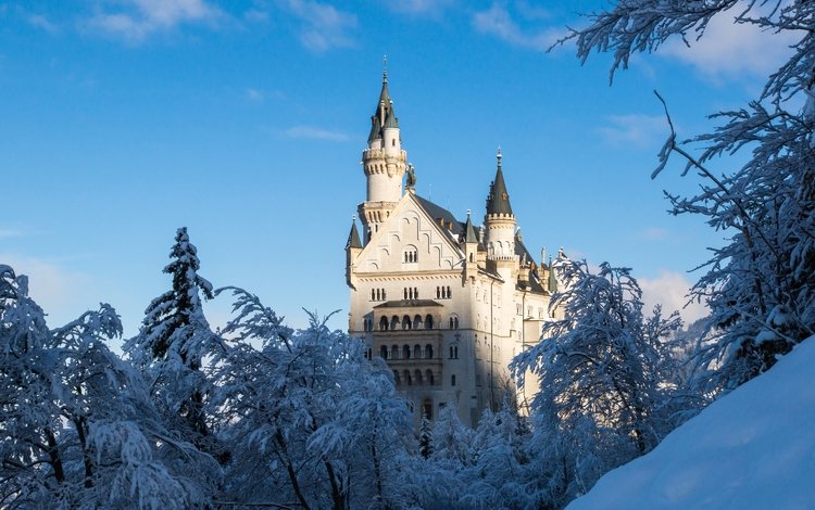 снег, зима, замок, германия, нойшванштайн, замок нойшванштайн, замок на горе, snow, winter, castle, germany, neuschwanstein, neuschwanstein castle, the castle on the hill