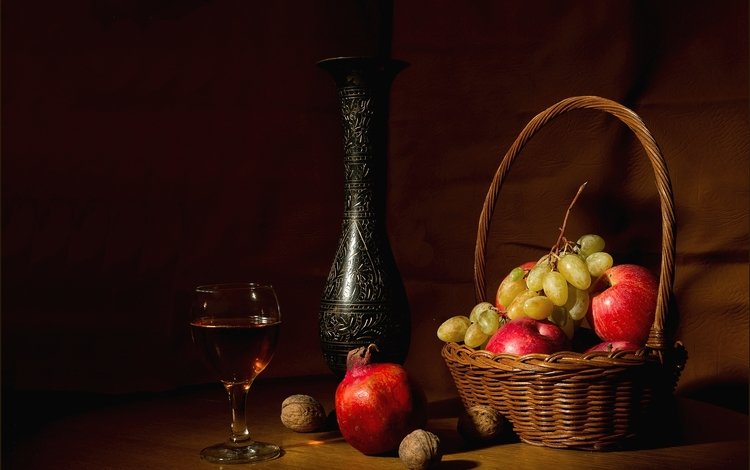 орехи, виноград, бокал, яблоко, кувшин, натюрморт, гранат, nuts, grapes, glass, apple, pitcher, still life, garnet