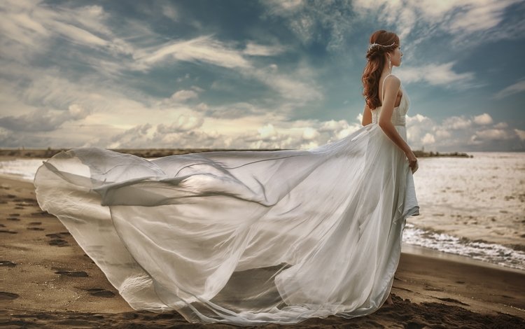 море, платье, азиатка, невеста, sea, dress, asian, the bride
