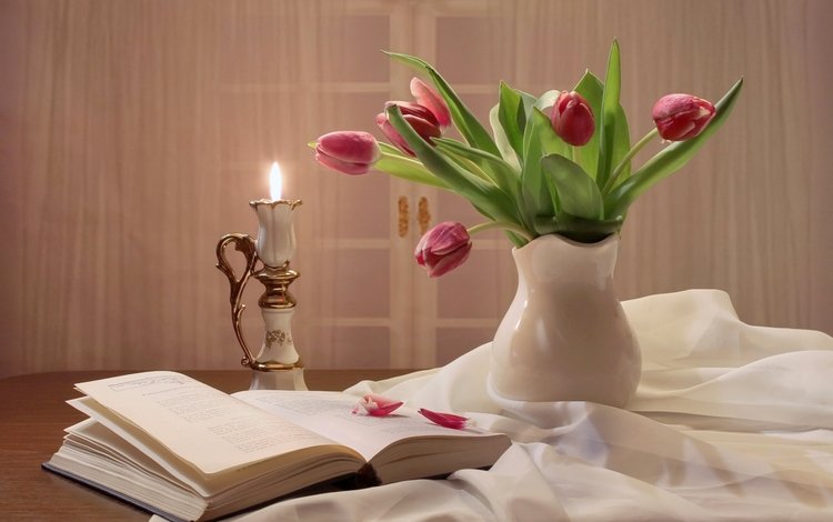 настроение, романтика, букет, тюльпаны, свеча, книга, mood, romance, bouquet, tulips, candle, book