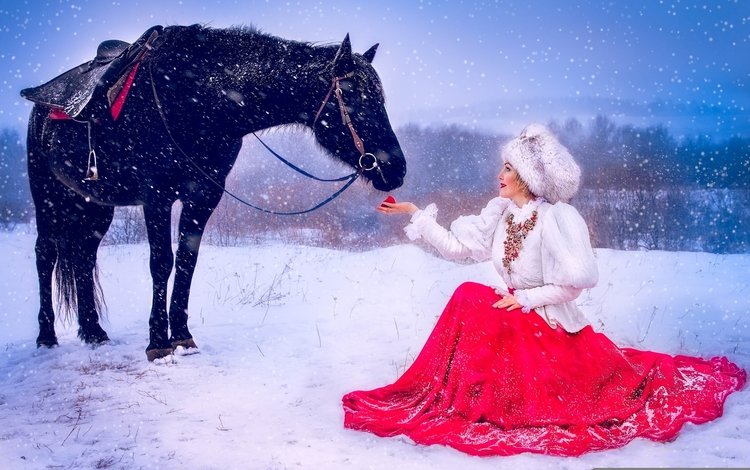 лошадь, снег, девушка, платье, шапка, яблоко, horse, snow, girl, dress, hat, apple