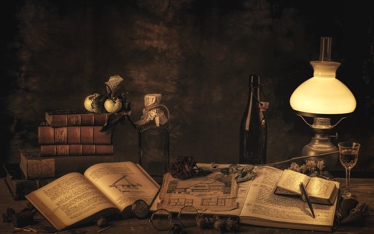 очки, лампа, книги, бутылка, натюрморт, настольная лампа, glasses, lamp, books, bottle, still life, table lamp