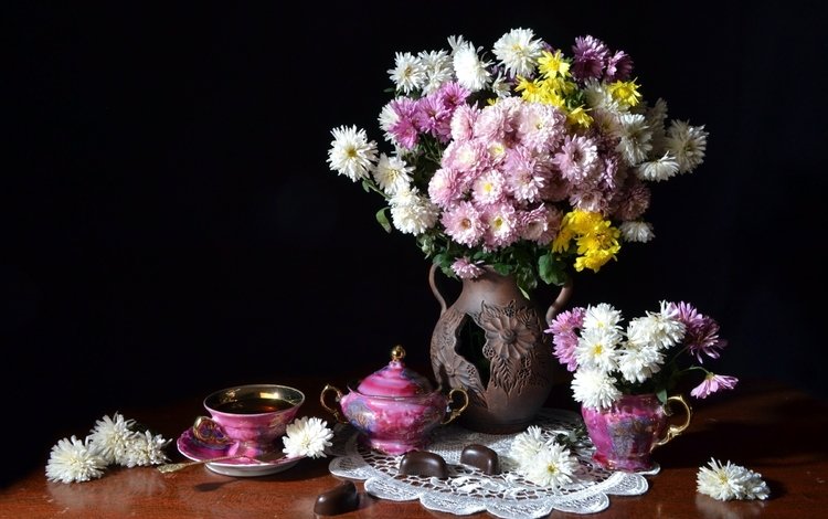 конфеты, чай, хризантемы, натюрморт, candy, tea, chrysanthemum, still life
