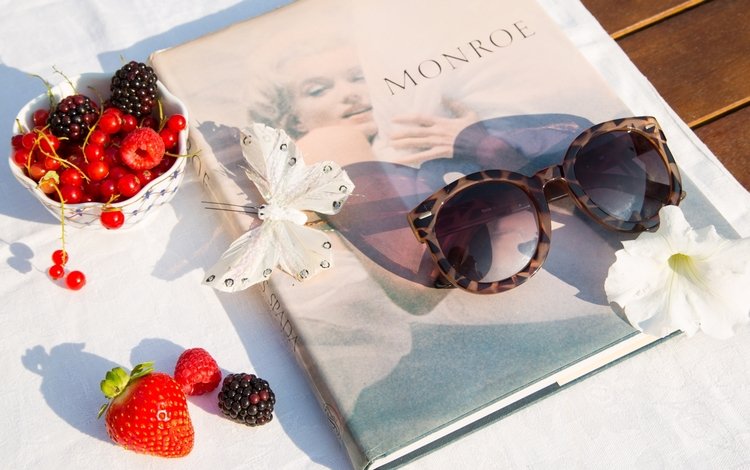 очки, бабочка, ягоды, книга, монро, glasses, butterfly, berries, book, monroe