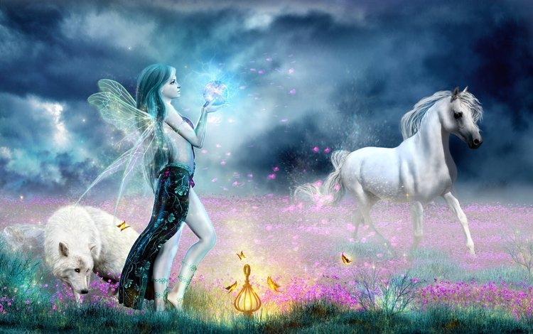 лошадь, девушка, фея, магия, волк, horse, girl, fairy, magic, wolf