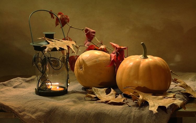 листья, осень, фонарь, тыква, leaves, autumn, lantern, pumpkin