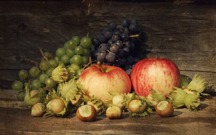орехи, виноград, фрукты, яблоки, фундук, натюрморт, лещина, nuts, grapes, fruit, apples, hazelnuts, still life, hazel