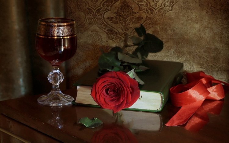 роза, бокал, вино, лента, книга, rose, glass, wine, tape, book