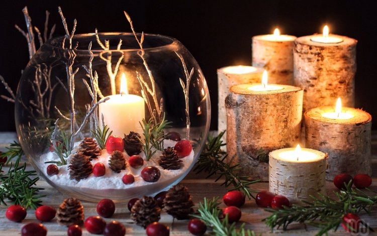 свечи, ветки, шишки, композиция, клюква, candles, branches, bumps, composition, cranberry