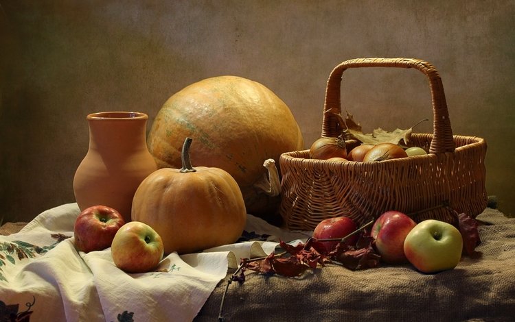 яблоки, лук, корзина, тыква, натюрморт, apples, bow, basket, pumpkin, still life