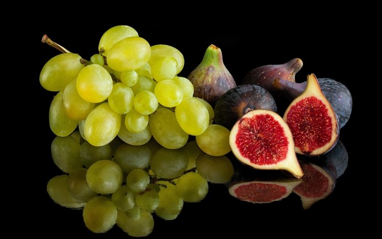 отражение, виноград, фрукты, черный фон, инжир, reflection, grapes, fruit, black background, figs