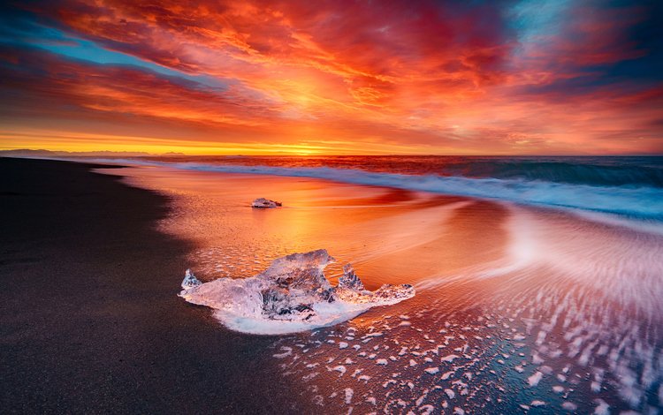 небо, вода, солнце, закат, море, пляж, лёд, исландия, the sky, water, the sun, sunset, sea, beach, ice, iceland