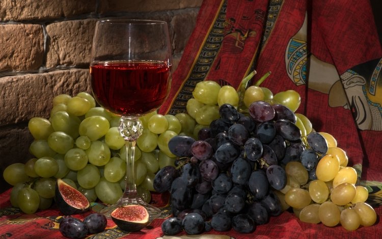 виноград, инжир, бокал, ягоды, кирпич, вино, платок, натюрморт, красное вино, grapes, figs, glass, berries, brick, wine, shawl, still life, red wine