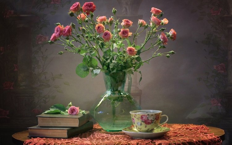 текстура, розы, книги, букет, чашка, чай, texture, roses, books, bouquet, cup, tea