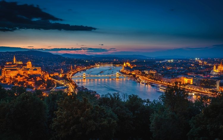ночь, огни, река, мост, здания, венгрия, будапешт, дунай, night, lights, river, bridge, building, hungary, budapest, the danube
