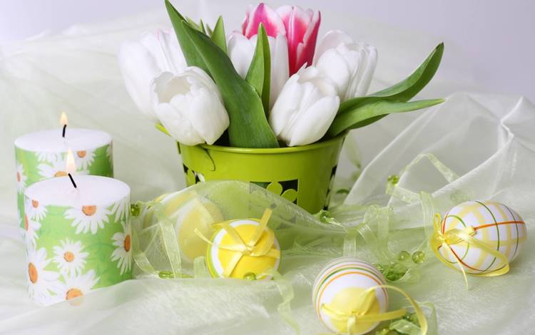 цветы, свечи, тюльпаны, пасха, яйца, праздник, flowers, candles, tulips, easter, eggs, holiday