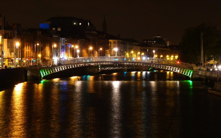 ночь, дублин, фонари, огни, река, мост, канал, дома, набережная, ирландия, ireland, night, dublin, lights, river, bridge, channel, home, promenade