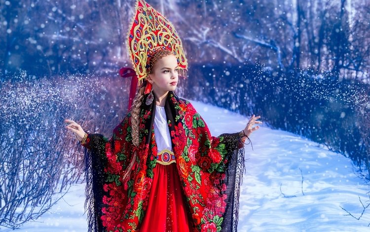 снег, зима, девочка, наряд, платок, этно, кокошник, snow, winter, girl, outfit, shawl, ethno, kokoshnik