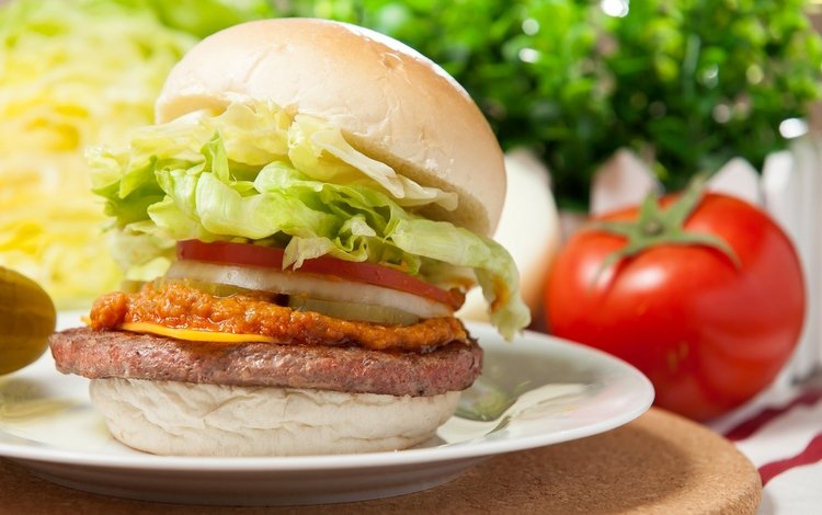 гамбургер, котлета, помидор, салат, hamburger, patty, tomato, salad