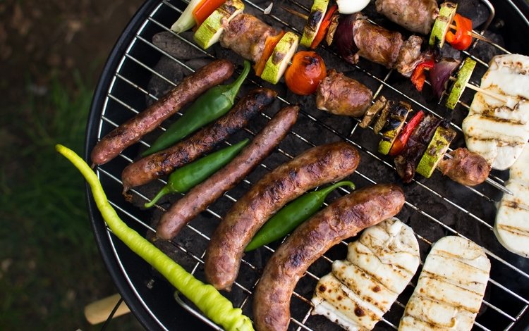 овощи, мясо, гриль, колбаски, шашлыки, vegetables, meat, grill, sausages, kebabs