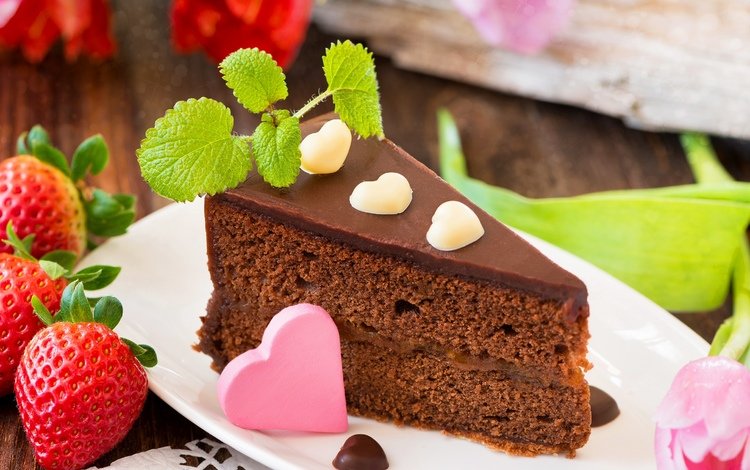 мята, клубника, сердце, шоколад, выпечка, торт, десерт, пирожное, кулич, mint, strawberry, heart, chocolate, cakes, cake, dessert