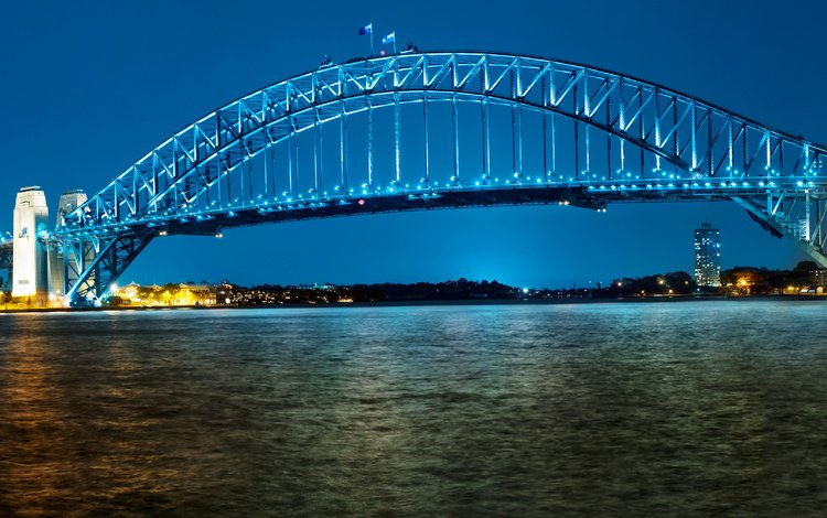 ночь, фонари, огни, река, мост, набережная, сидней, австралия, night, lights, river, bridge, promenade, sydney, australia