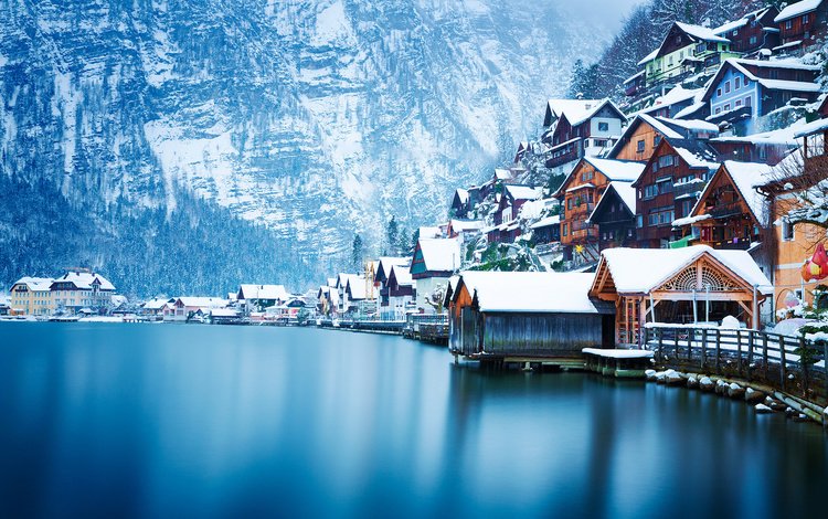 озеро, горы, снег, зима, пейзаж, австрия, дома, гальштат, lake, mountains, snow, winter, landscape, austria, home, hallstatt