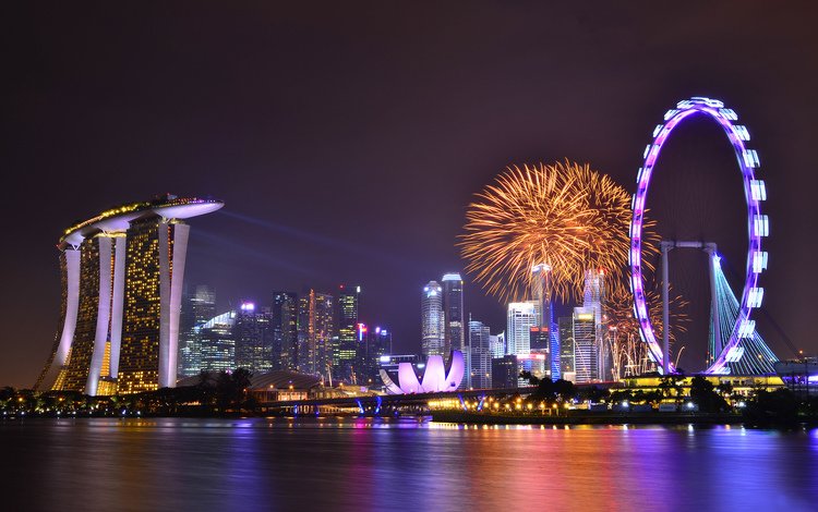 небо, подсветка, облака, архитектура, ночь, праздник, огни, фейерверк, отражение, сингапур, небоскребы, город-государство, мегаполис, залив, the sky, backlight, clouds, architecture, night, holiday, lights, fireworks, reflection, singapore, skyscrapers, the city-state, megapolis, bay