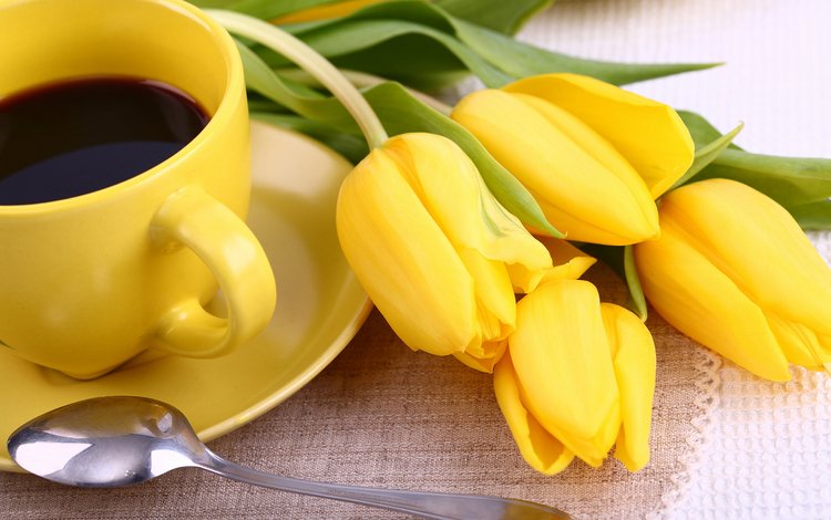 цветы, кофе, тюльпаны, чашка, завтрак, желтые, flowers, coffee, tulips, cup, breakfast, yellow