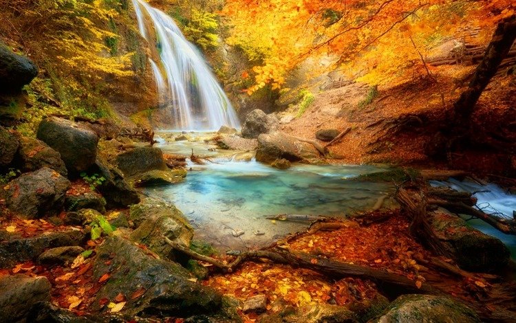 деревья, камни, лес, листья, скала, водопад, осень, trees, stones, forest, leaves, rock, waterfall, autumn