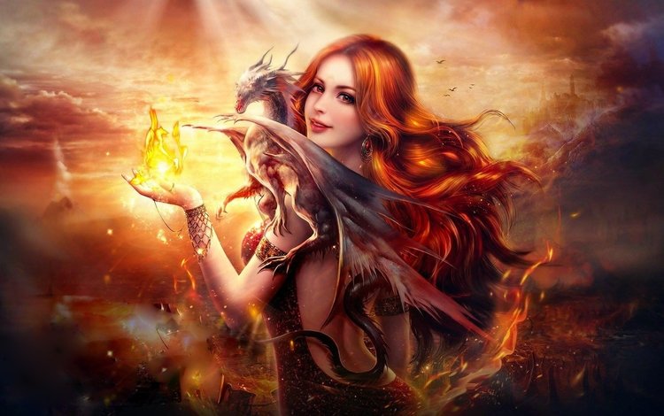 арт, хорошенькая, пламя, рыжеволосая, девушка, цифровая, огненная, дракон, gевочка, самка, огонь, женщина, красива, фантазии, art, pretty, flame, redhead, digital, girl, dragon, female, fire, woman, beautiful, fantasy