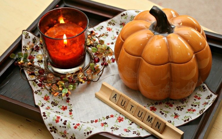 свечи, украшения, осень, тыква, поднос, декор, candles, decoration, autumn, pumpkin, tray, decor