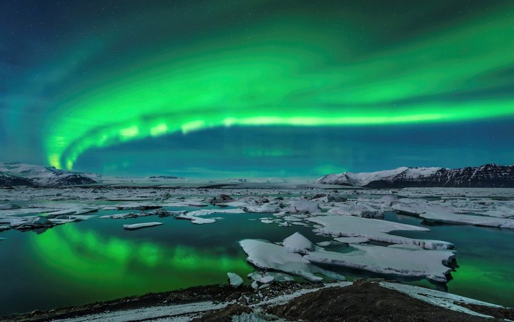 озеро, горы, лёд, северное сияние, исландия, aurora borealis, lake, mountains, ice, northern lights, iceland