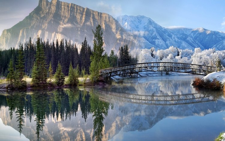 река, горы, снег, лес, зима, отражение, пейзаж, мост, river, mountains, snow, forest, winter, reflection, landscape, bridge