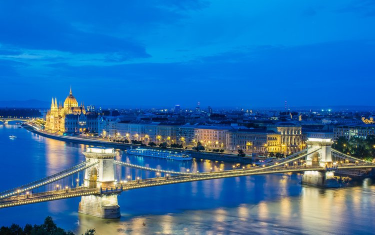 ночь, огни, река, мост, венгрия, будапешт, парламент, дунай, night, lights, river, bridge, hungary, budapest, parliament, the danube