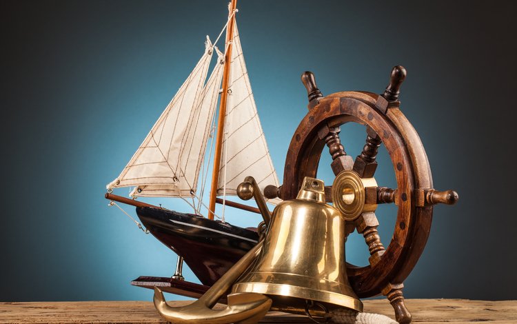 лодка, паруса, якорь, руль, морская тематика, колокол, boat, sails, anchor, the wheel, nautical theme, bell