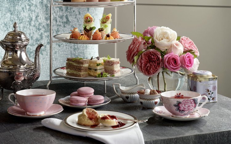 цветы, чай, пирожные, afternoon tea, flowers, tea, cakes