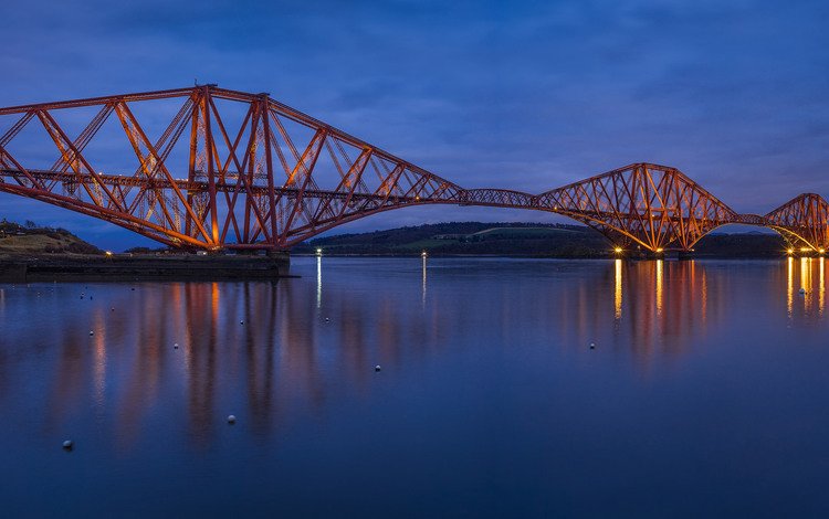 небо, освещение, огни, great britain, forth bridge, вечер, форт-бридж, река, мост, великобритания, синее, шотландия, the sky, lighting, lights, the evening, fort bridge, river, bridge, uk, blue, scotland