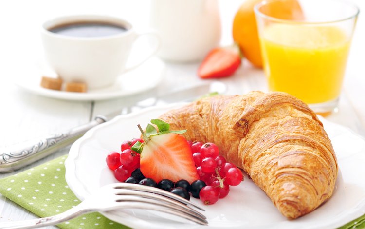 клубника, кофе, завтрак, выпечка, круасан, круассан, strawberry, coffee, breakfast, cakes, croissant