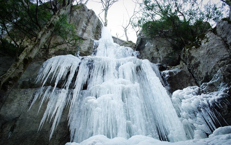 скалы, зима, водопад, лёд, на природе, замерзла, rocks, winter, waterfall, ice, nature, frozen